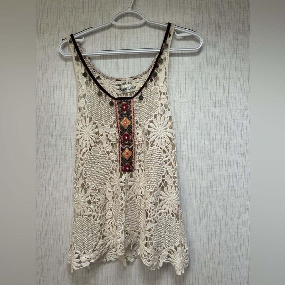Sage Lane Chunky Cotton Crochet Knit Off White Sleeveless Boho Top